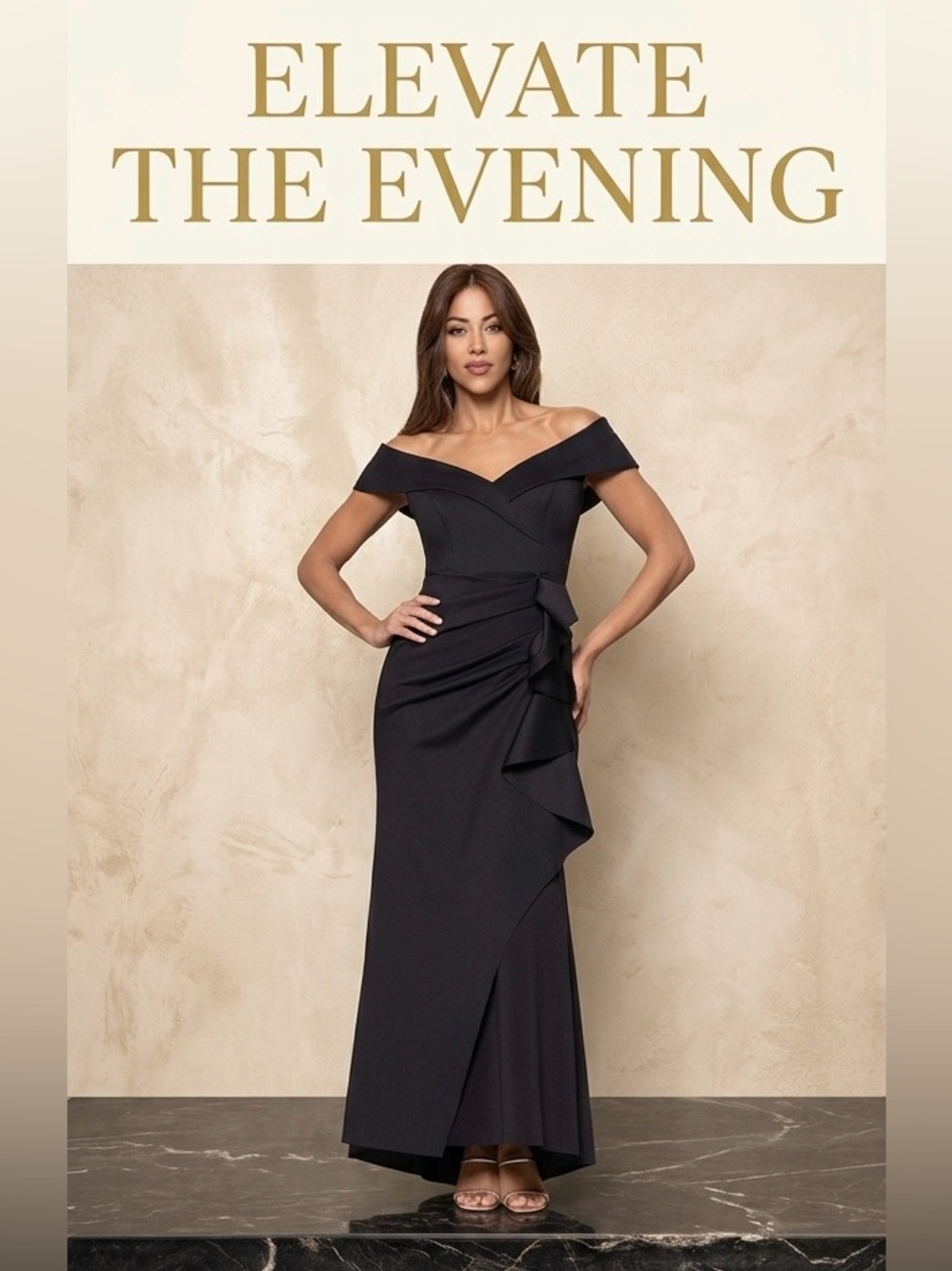 Xscape Black Off-Shoulder Ruffle Evening Gown